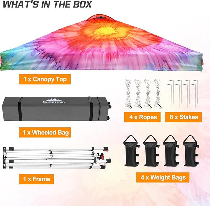 EAGLE PEAK Pop Up Canopy Tent with Wheeled Carry Bag, 8 Stakes, 4 Ropes, 4 Weight Bags, Easy Set Up Tent Canopy, 10x10 ft, 100sqft of Shade, Floral Tie Dye