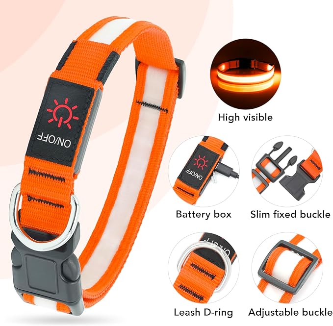 Vizpet LED Dog Collar, Light Up Dog Collar Adjustable USB Rechargeable Super Bright Safety Light Glowing Collars for Dogs(X-Large,Orange)