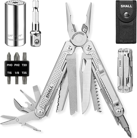 SHALL Multi Tool, 18-in-1 Multitool Pliers, Stainless Steel Multi-tool Pocket Knife w/Screwdriver Bit & Universal Socket, Self-locking Multipurpose Tool w/Sheath for Camping Fishing Survival Hunting