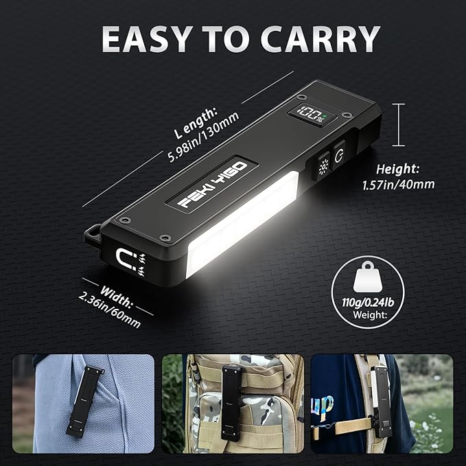 Feki Yigo G02 EDC Rechargeable Flat Flashlight 1800 Lumens White LED/UV/RGB Signaling Flashlights, Waterproof Magnetic Clip on Flashlight for Outdoor Home Emergencies, Camping Essentials(Black)