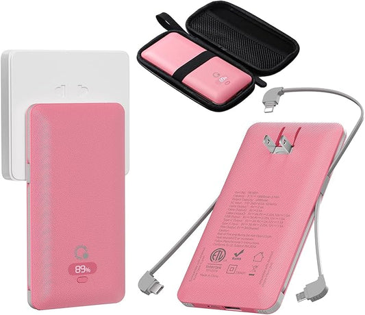 Brand Q 10000mAh Portable Charger with Built-in Cables and AC Wall Plug, USB C Fast Charging Power Bank with 3 Cords,5 Output External Battery Pack Compatible with iPhone,Tablet and All Smart Phones