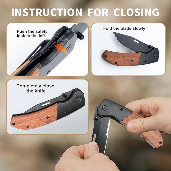 Vickay Pocket Knife, Folding Knife with Clip - 3.54??Black Serrated Steel Blade, Wood Handle EDC Knife for Men & Women, Outdoor Camping, Tactical, Hunting, Hiking, Survival - Father?™s Day Gift