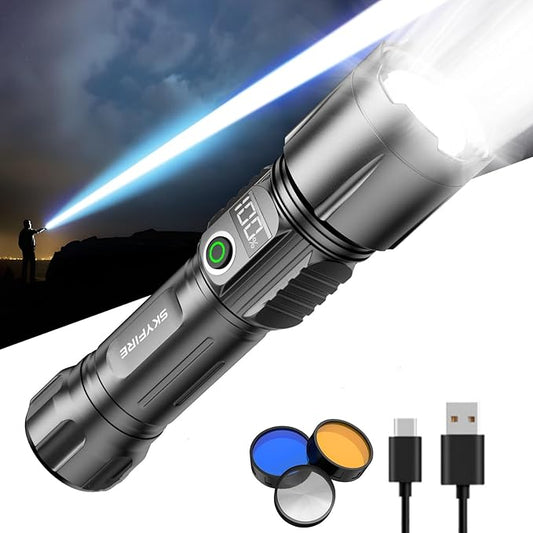 SKYFIRE Rechargeable Flashlights High Lumens with Ignition Lens,3000lm Super Bright Flashlight Zoomable 4 Modes Waterproof Powerful Tactical Torch Flash Light for Camping Essentials,Outdoor,Home&Gifts