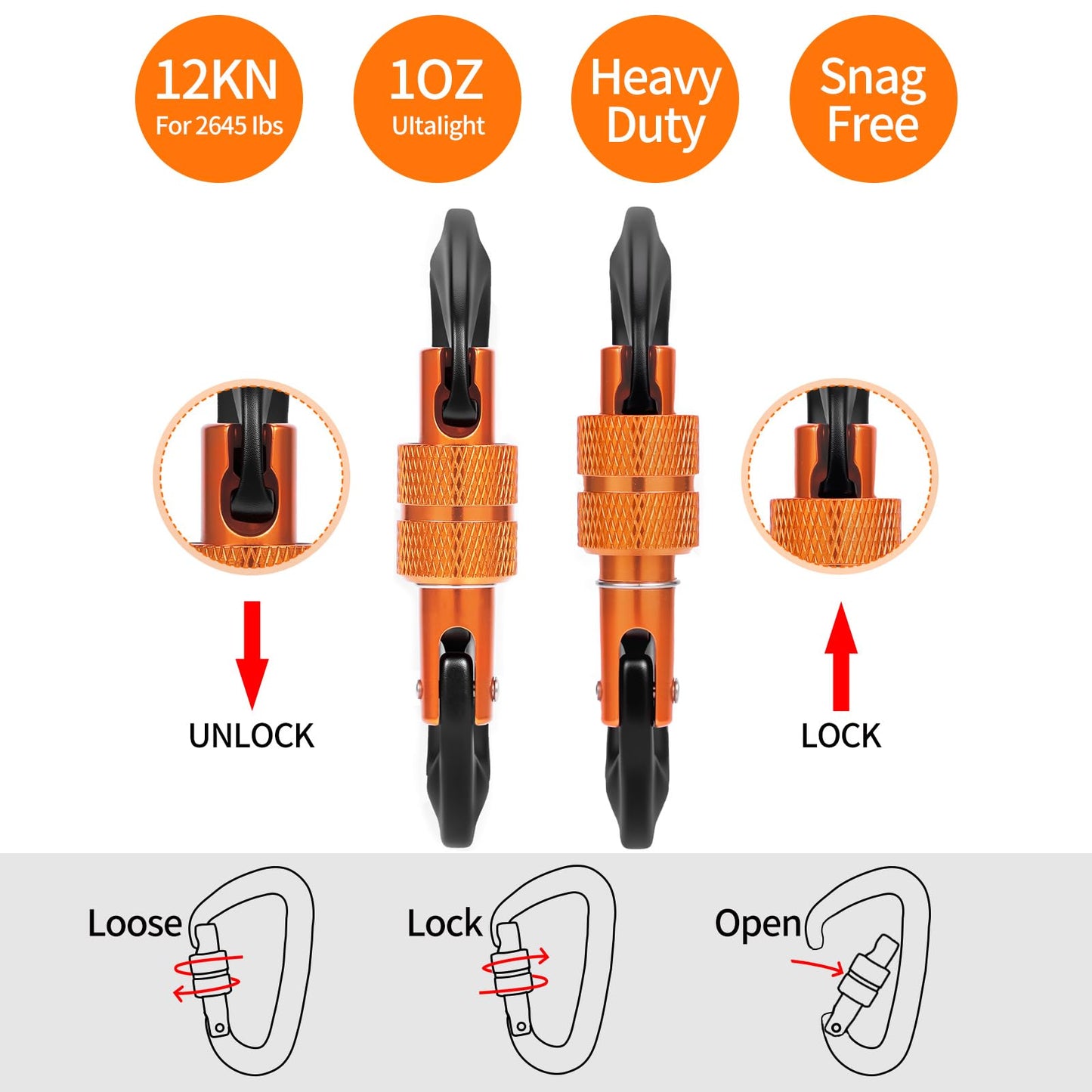 B-Mardi Carabiner Clips Heavy Duty 12kN (2697 lbs)-Lightweight Locking Carabiners for Camping