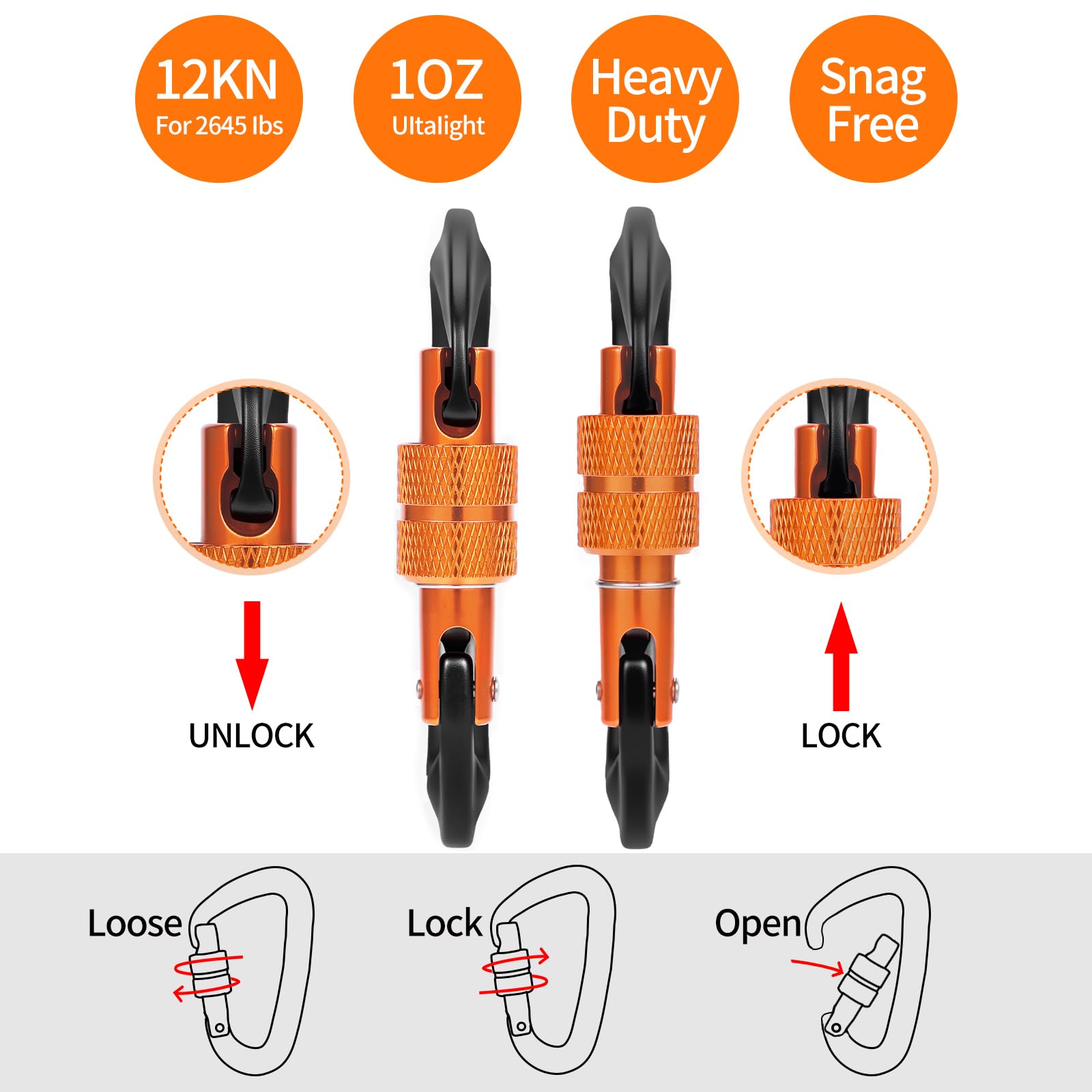 B-Mardi Carabiner Clips Heavy Duty 12kN (2697 lbs)-Lightweight Locking Carabiners for Camping