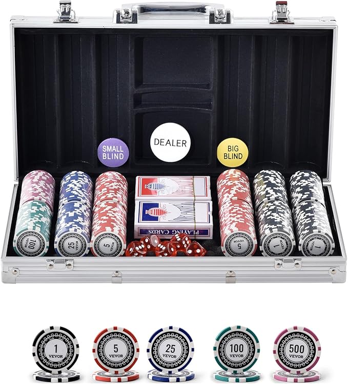 VEVOR Poker Chip Set, 300-Piece Poker Set, Complete Poker Playing Game Set with Aluminum Carrying Case, 11.5 Gram Casino Chips, Cards, Buttons and Dices, for Texas Hold'em, Blackjack, Gambling