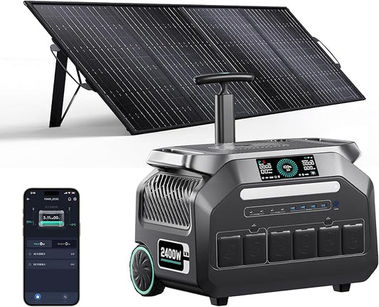 IEE P2400 Portable Power Station with 1x200W Solar Panel,2400W AC Outlet(Peak 5000W),1800W 1.2H Fast Charge,2048WH Lifepo4 Battery,Below 30DB Solar,5-8MS EPS Switch,Power Generator for Home Backup,RV.