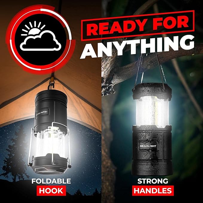 GearLight Camping Lantern - 2 Portable LED Battery Powered Lantern with Magnetic Base and Foldable Hook for Emergency Use or Campsites, Essential Hurricane Survival Kit with Batteries