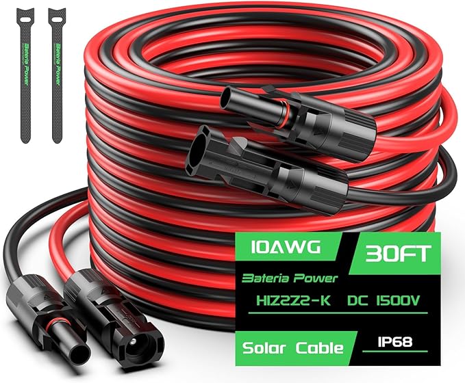 30FT 10AWG Solar Panel Extension Cable, Bateria Power 6mm² Solar Extension Cable Wire with Female & Male Waterproof Connectors for RV, Photovoltaic Systems
