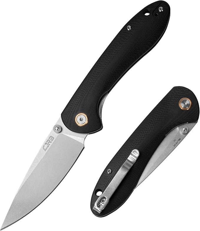 CJRB Feldspar Folding Knife - Stonewash D2 Steel Blade, G10 Tactical Handle, EDC Pocket Knife, Black Handle (J1912)