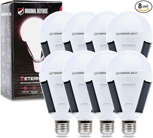 Original Defense EternaLight Rechargeable LED Bulbs (8 Count) - Emergency Light Bulbs with Battery Backup for Power Outages, Home, Camping, and Outdoor Activities - Solar Powered