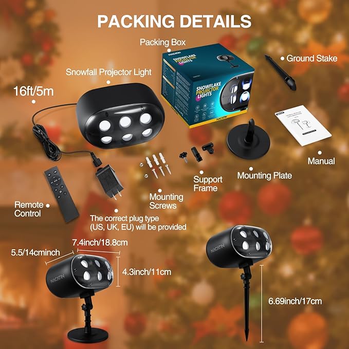 NACATIN Snowfall LED Projector Lights - 2025 Upgrade Christmas Snowflake Projector Lights Outdoor, Christmas Snow Light,Snow Falling Projector Lamp Dynamic Snow Effect for Xmas, Halloween, Party