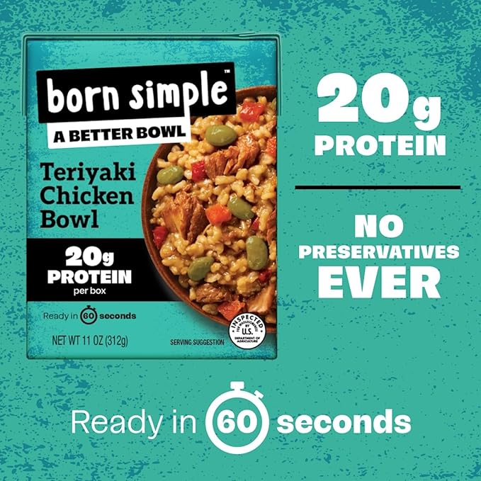 Born Simple Ready to Eat Meals with Sporks, Teriyaki Chicken Bowl, Improved Recipe - 20g Protein, Prepared Meal, Microwavable Entree, 11 oz (Pack of 6)