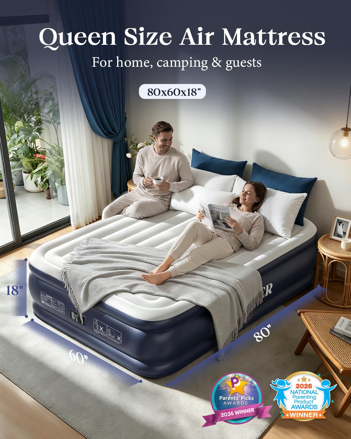 VOSSER Air Mattress Queen with Built-in Pump, Blow up Bed,18" Raised