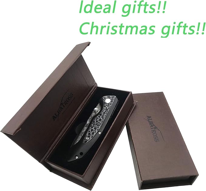 ALBATROSS Premium EDC Pocket Folding Knife with 3.5" Damascus Steel Blade & Ebony Wood Handle, Camping Hunting Knife with Clip, Gift for Men - HGDK011