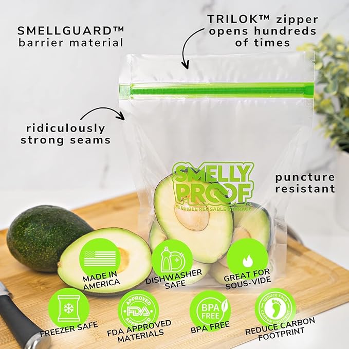 Smelly Proof 25 x Expandable Stand & Fill REUSABLE Storage Bags for Food Designed & Mfg in US, BPA FREE, NO PEVA, Reusable Sandwich Bags, Dishwasher-Safe, Clear 3 mils STAND UP 6.5" x 7.5" - 25pk