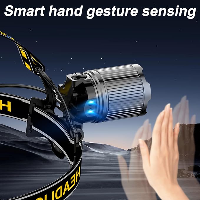 1200LM Headlamp Rechargeable, 3Modes Led HeadLamps, Lightweight, Waterproof & Smart Gesture-Sensing Headlight 90°Adjustable Zoom HeadLights for Forehead, Hardhat Headlamp for Outdoor Camping Hiking