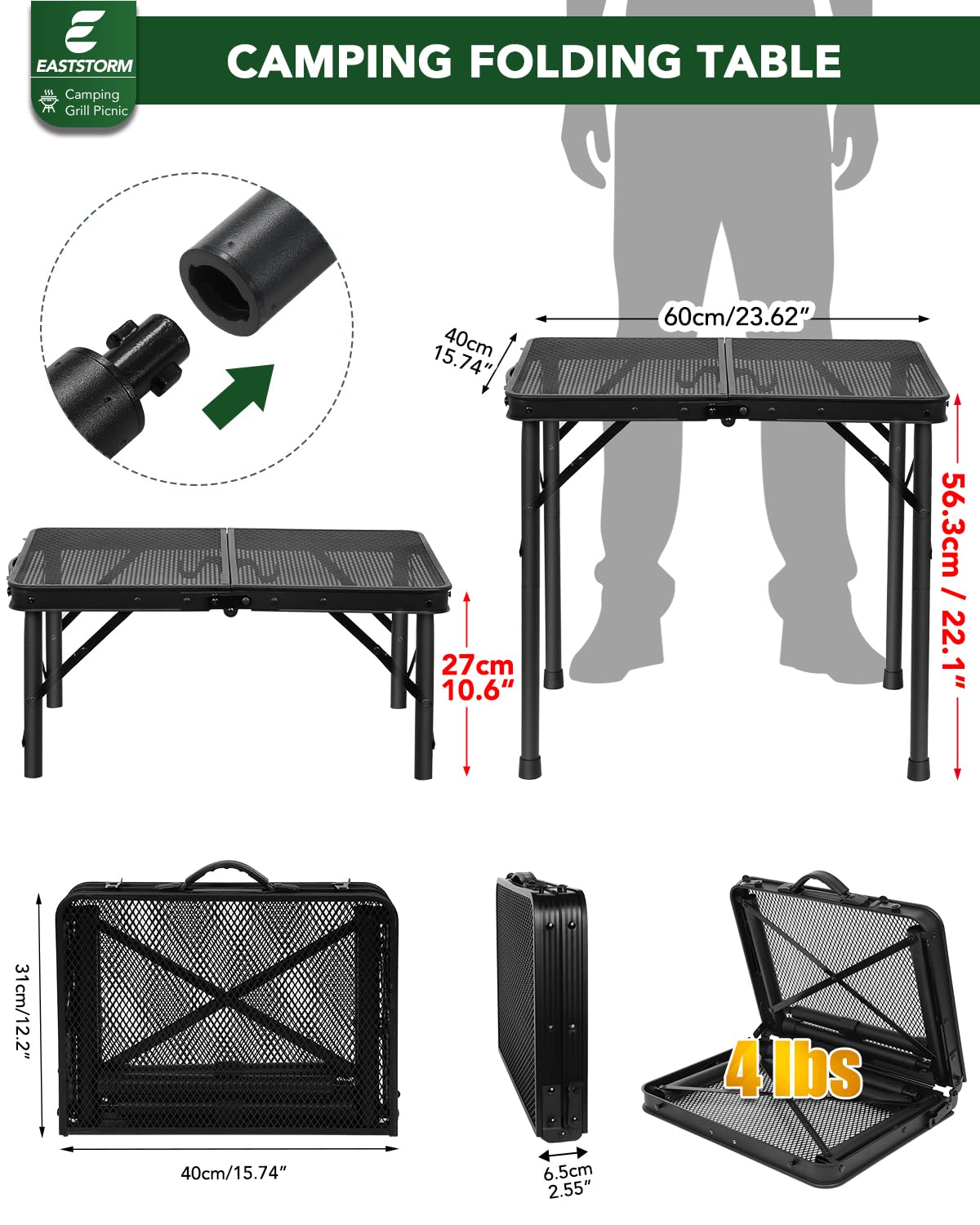 2 Ft Folding Camping Table, Adjustable Height 10.6-22 in, Small Grill Table