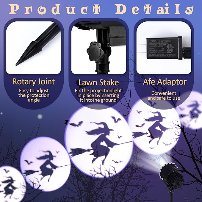 Halloween Projector Light with 1 Film Slides Holiday LED Projector Lights Outdoor Reflectors Waterproof Landscape Decorative Rotation Lighting Movement Projection Lamp(Witch)