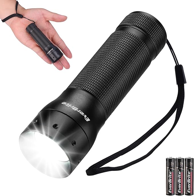 EverBrite Mini LED Flashlight, Zoomable High Lumens 350LM, 3 Modes, 3AAA Batteries Included, Compact Handheld Flash Light for Camping, Emergency, Home ??Black