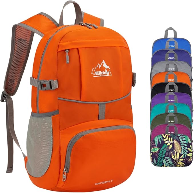WATERFLY Hiking Foldable Daypack Backpack: 25L Ultra Lightweight Waterproof Day Pack for Woman Man - Small Compact Packable Folding Back Pack for Outdoor Sport Cycling Biking Travel Trip - Orange