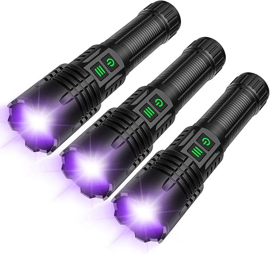 AdamStar UV&High Lumens Flashlight Rechargeable, 2-in-1 Powerful Blacklight LED Flashlight Tactical 6 Modes Super Bright Waterproof Zoomable Detector for Pet Urine Curing Resin Camping