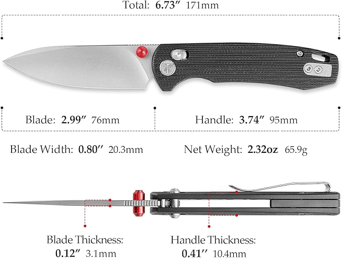 EDC Folding Pocket knife with Clip for Men,Thumb Studs Crossbar Lock Knives with 2.99" 14C28N Steel Blade, G10 Handle for Camping Hiking,Dragonfly-B
