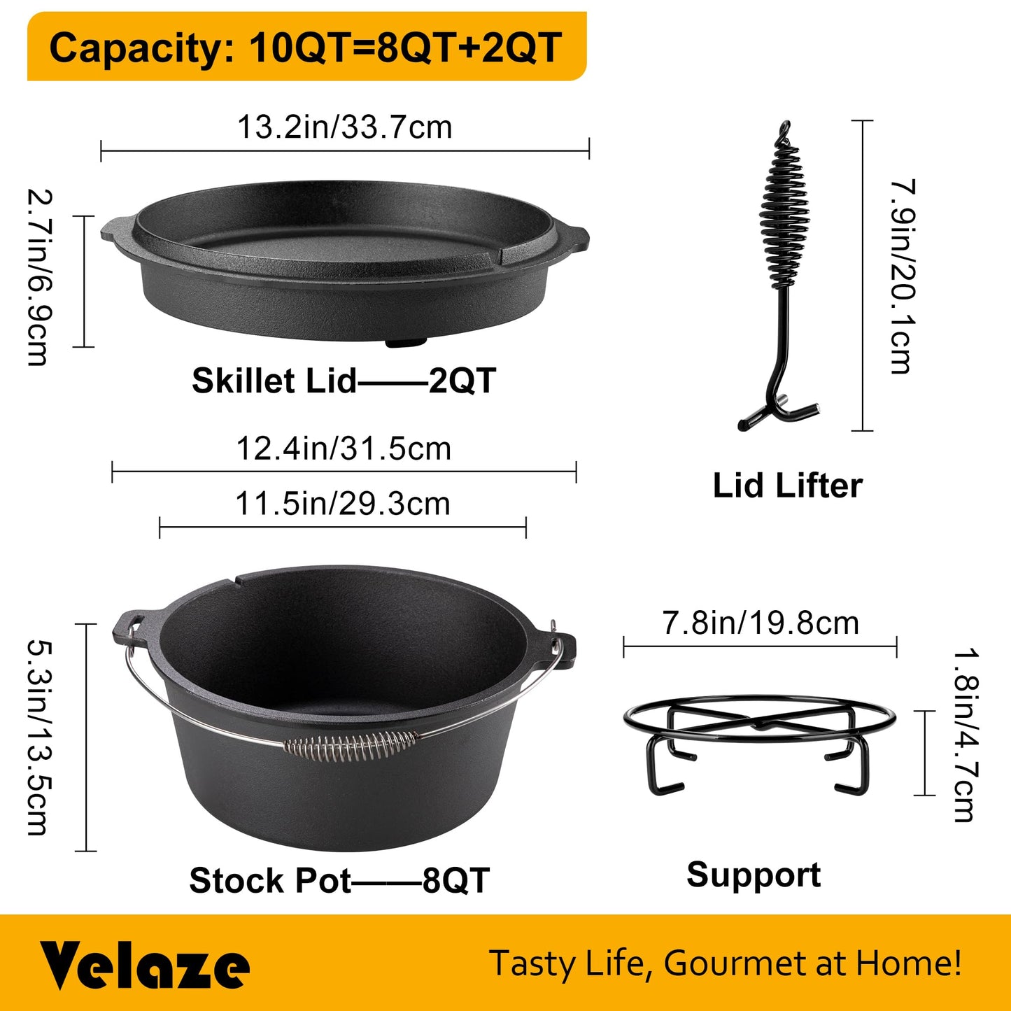Velaze 10 QT Pre-Seasoned Cast Iron Camping Dutch Oven Pot with Lid