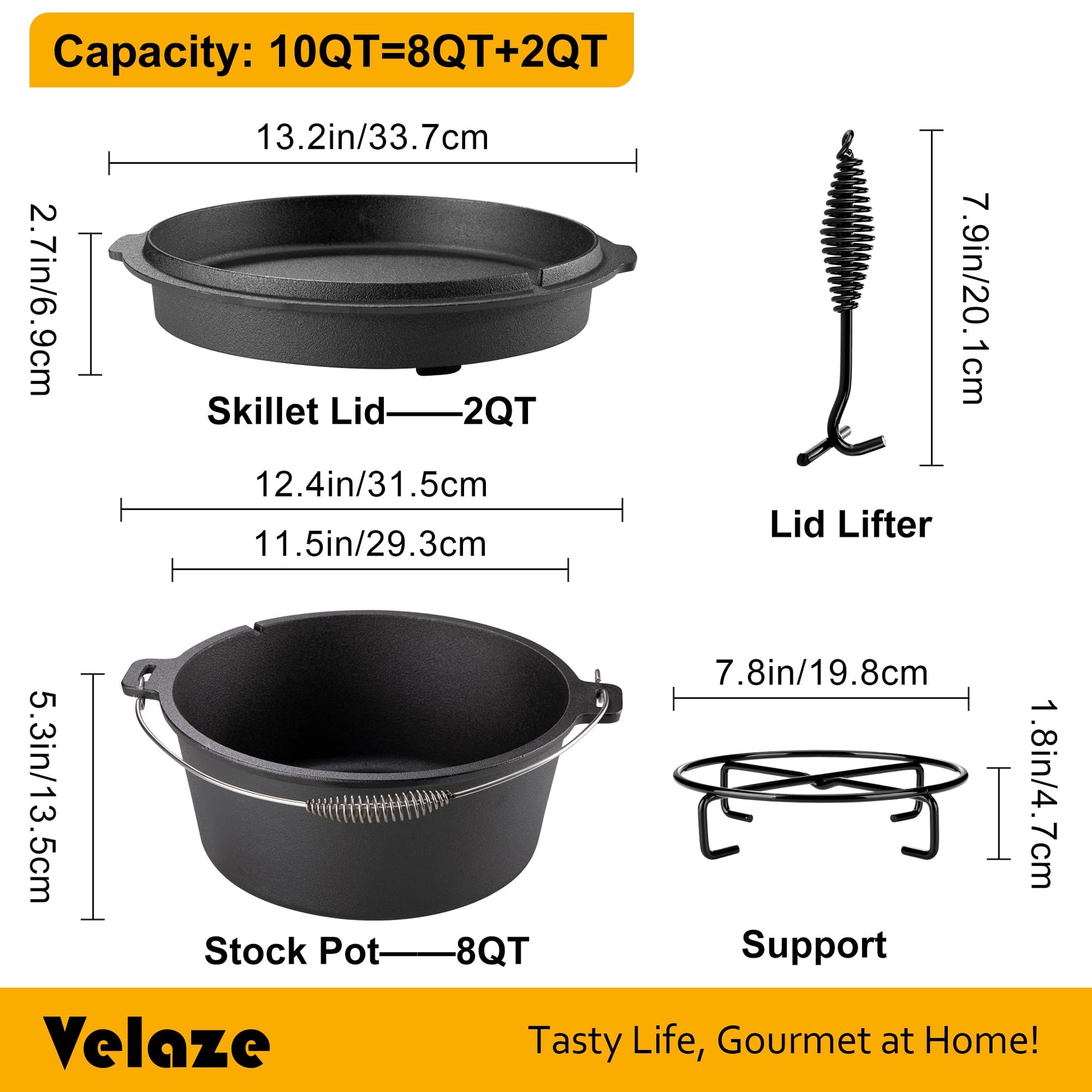 Velaze 10 QT Pre-Seasoned Cast Iron Camping Dutch Oven Pot with Lid