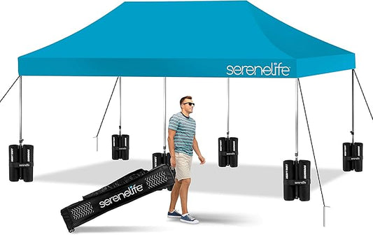 SereneLife Pop Up Canopy Tent 10x20-Commercial Instant Shelter Foldable/Collapsible Sun Shade Canopy Pop Up Tent w/Waterproof UV Resistant Tent Top,Portable Carry Bag&Sand Bag- SLGZ20SB(Sky Blue)