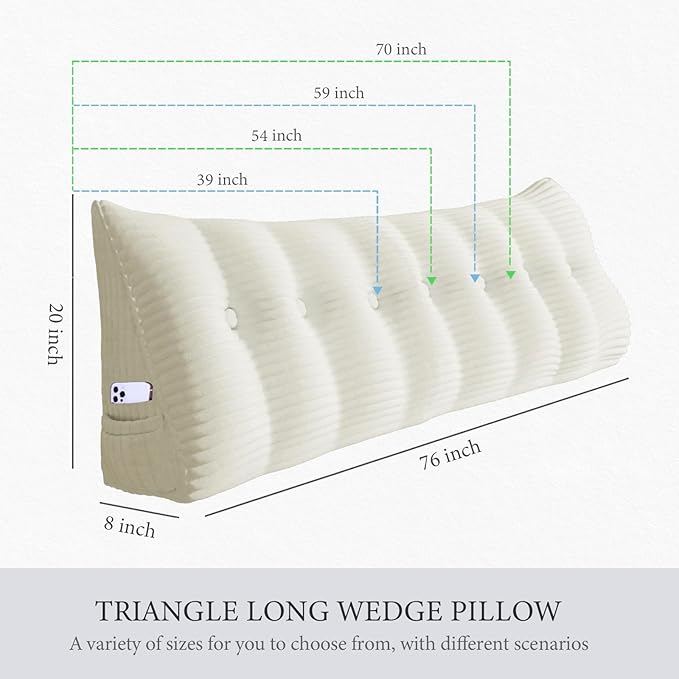 11 lbs Thickened Headboard Pillow Wedge Pillow Headboard Reading Pillow Bed for Comfortable Backrest Reading Triangular Pillow with Side Pocket Backrest Pillows for Sitting in Bed Queen