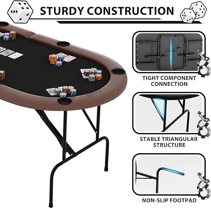 8 Player Foldable Poker Table, 71" Portable Folding Poker Game Tables with Collapsible Legs, Cup Holders, Casino Grade Felt Surface, Oval Card Game Poker Table for Game Room, Brown