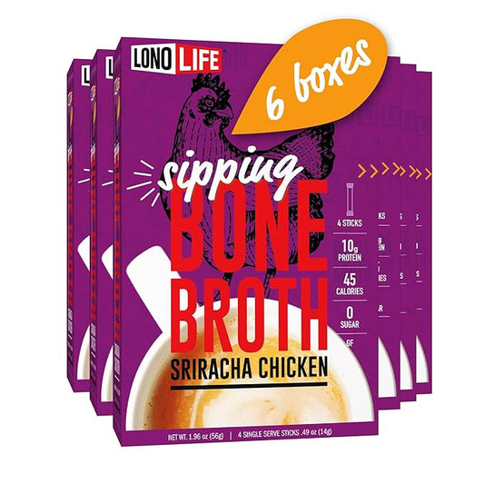 LonoLife Sriracha Chicken Bone Broth Powder Mix | 10g Protein | Collagen-Rich, Keto & Paleo Friendly | Natural Ingredients | 24 Portable Stick Pack Servings