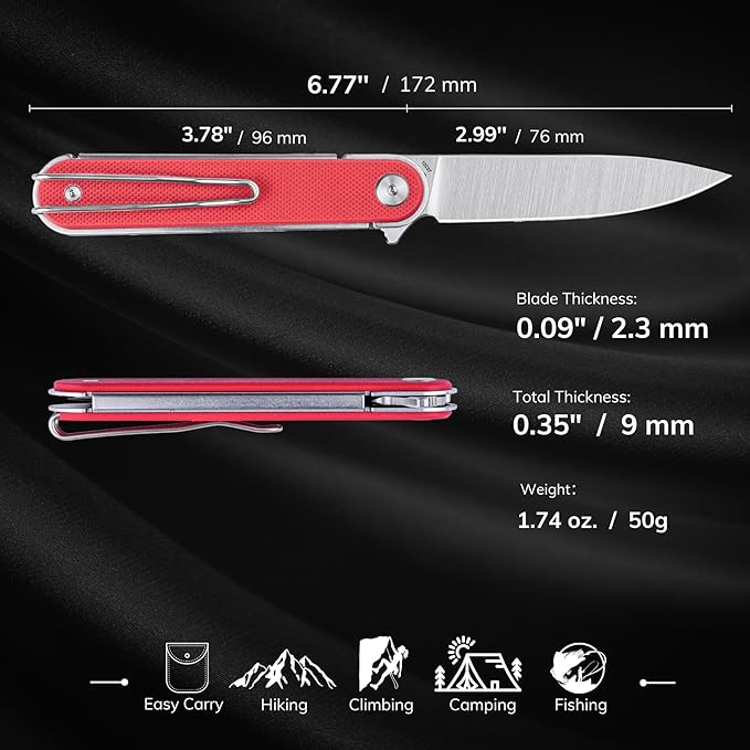 REALSTEEL IRIS Pocket Knife, Folding Knife, Flipper, Liner Lock, 2.99" 12C27 Steel Blade, Lightweight G10 Handle, 1.74oz, Deep-carry Pocket Clip, EDC Outdoor Indoor, Gifts for Men Women Camping Hiking Climbing Fishing (Red G10)