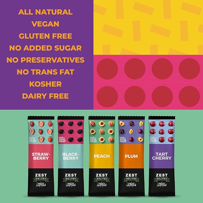 Fruit Snacks by Zest Delites, Fruit Leather Bars, Healthy Snacks for Adults & Kids, Vegan, Apple-Based, Strawberry, Peach, Blackberry, Plum, Tart Cherry, Bulk 0.88 oz x 50