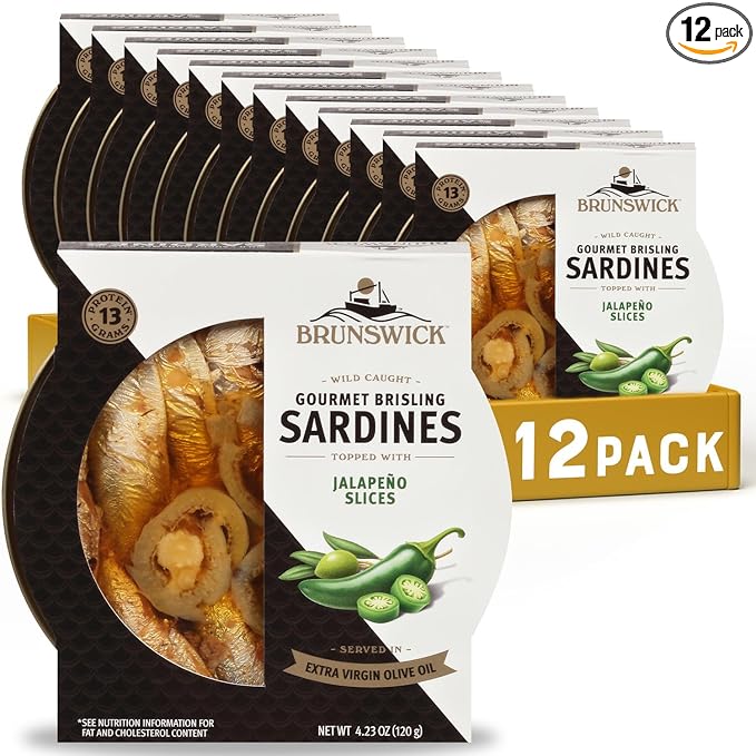 Brunswick Wild Caught Gourmet Brisling Sardines in Extra Virgin Olive Oil Topped with Jalapeño Slices,4.23 oz Can (Pack of 12)- Wild Caught Sardines- 13g Protein per Serving- Gluten No,Keto Friendly