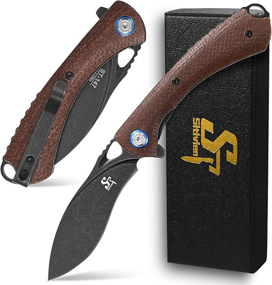 Sitivien ST147 Folding Pocket Knife,Black Stonewashed 14C28N Steel Blade with Micarta Handle Utility Knife EDC Tool Knife for Outdoor Camping,Hiking,Hunting(Brown)