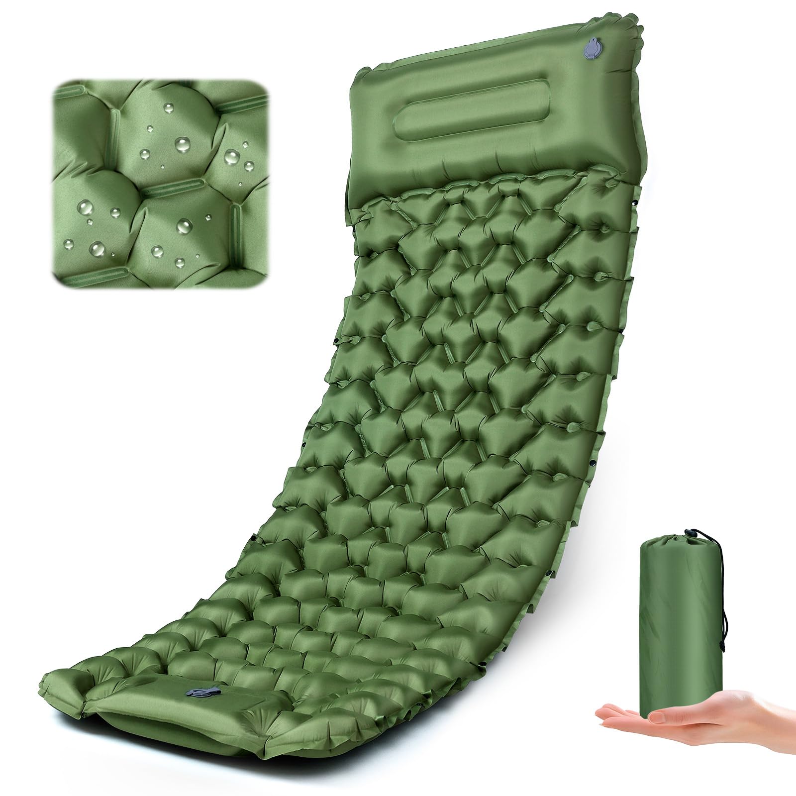 Yewkoisl Sleeping Pad,Inflatable Camping Mat with Pillow & Foot Pump-Green