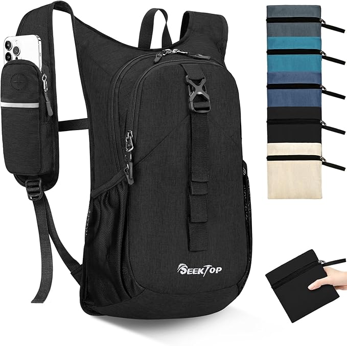 Seektop 15L Small Hiking Backpack for Women Men, Foldable Packable Backpack with Phone Pocket, Lightweight Travel Daypack for Hiking Camping Outdoor (Black)