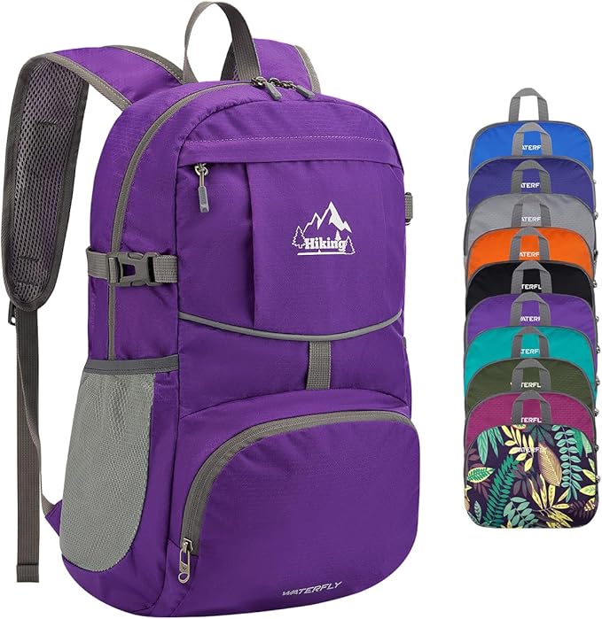 WATERFLY Hiking Foldable Daypack Backpack: 25L Ultra Lightweight Waterproof Day Pack for Woman Man - Small Compact Packable Folding Back Pack for Outdoor Sport Cycling Biking Travel Trip - Purple