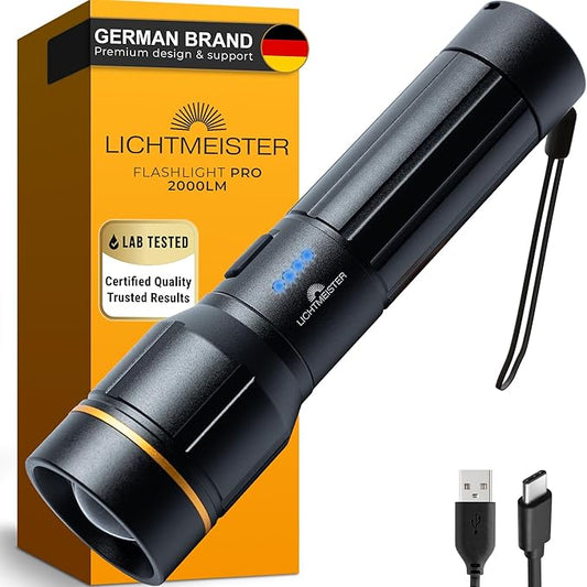 LICHTMEISTER® Flashlight (2000 Lumens, 5000 mAh Battery) ??Rechargeable Flashlight ??Flashlights High Lumens ??Tactical Flashlight ??Flashlight Rechargeable - Extra Bright LED Flashlight