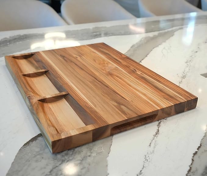 EcoDecors, Teak Cutting Board 24x18, FSC Certified Edge Grain Wood Reversible Butcher Block with Juice Groove, 3 Charcuterie Trays & Handles, Large Teakwood Cutting Board for Kitchen & Carving