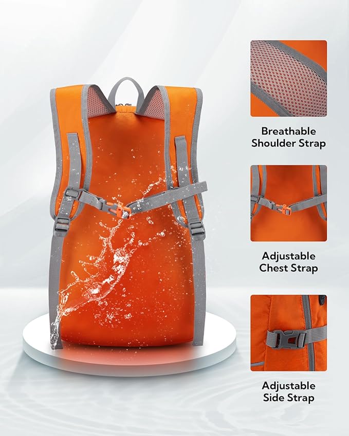WATERFLY Hiking Foldable Daypack Backpack: 25L Ultra Lightweight Waterproof Day Pack for Woman Man - Small Compact Packable Folding Back Pack for Outdoor Sport Cycling Biking Travel Trip - Orange