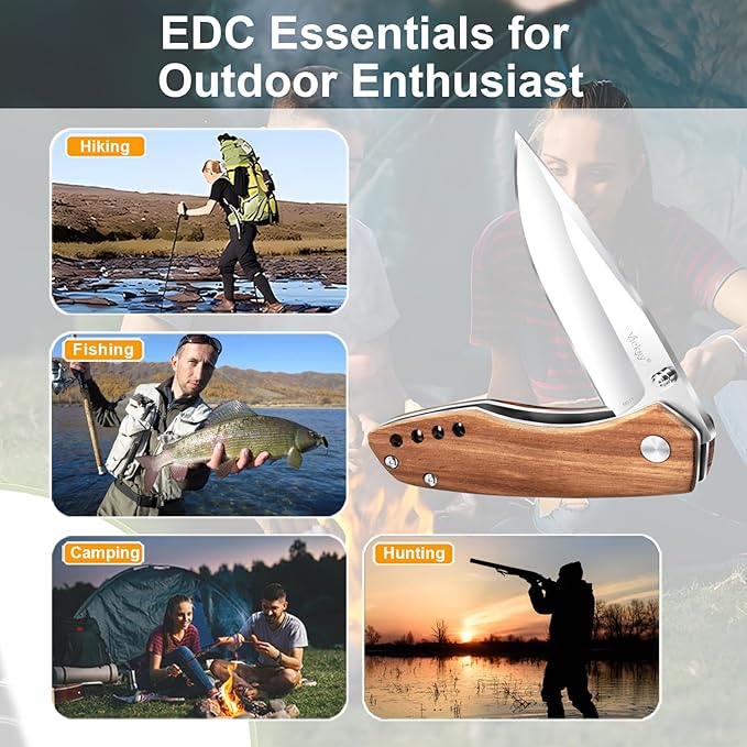 Vickay Folding Pocket Knife with Clip, 2.95" 8Cr13MoV Steel Blade, Wood Handle EDC Knife for Men & Women, Liner Lock Knife for Camping, Hunting, Tactical, Survival Father?˜s Day Gift
