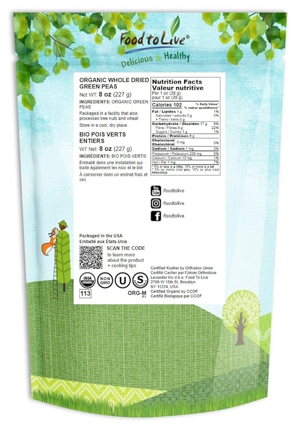 Food to Live Organic Whole Dried Green Peas, 8 Ounces – Non-GMO, Green Vatana, Sproutable, Vegan, Kosher, Bulk. Pre-Soak Needed. Rich in Protein, Fiber. Great for Green Curry, Stews, Salads, Pea Soup