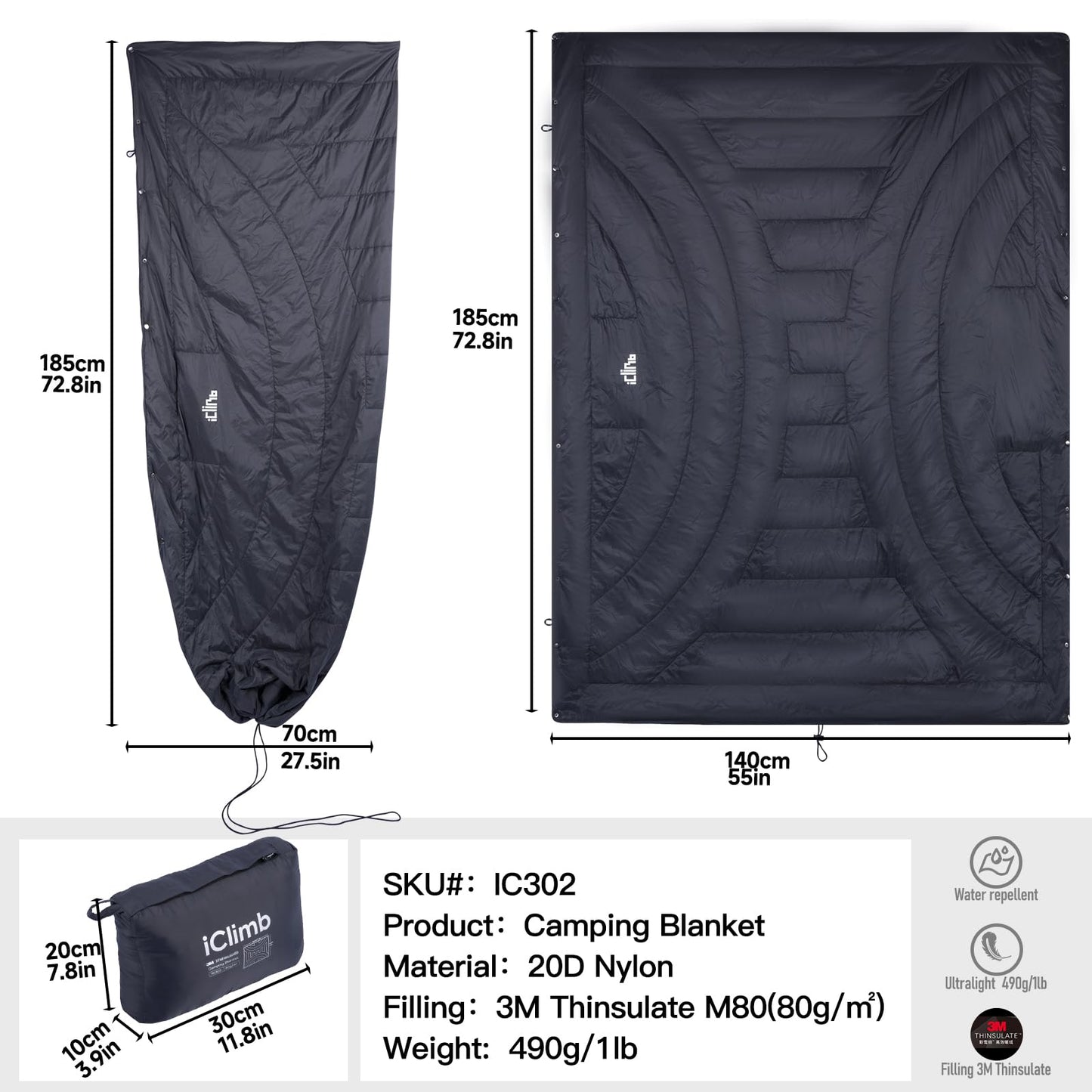 iClimb 3M Thinsulate Insulation Warm Blanket (Dark Grey, 1 lb)