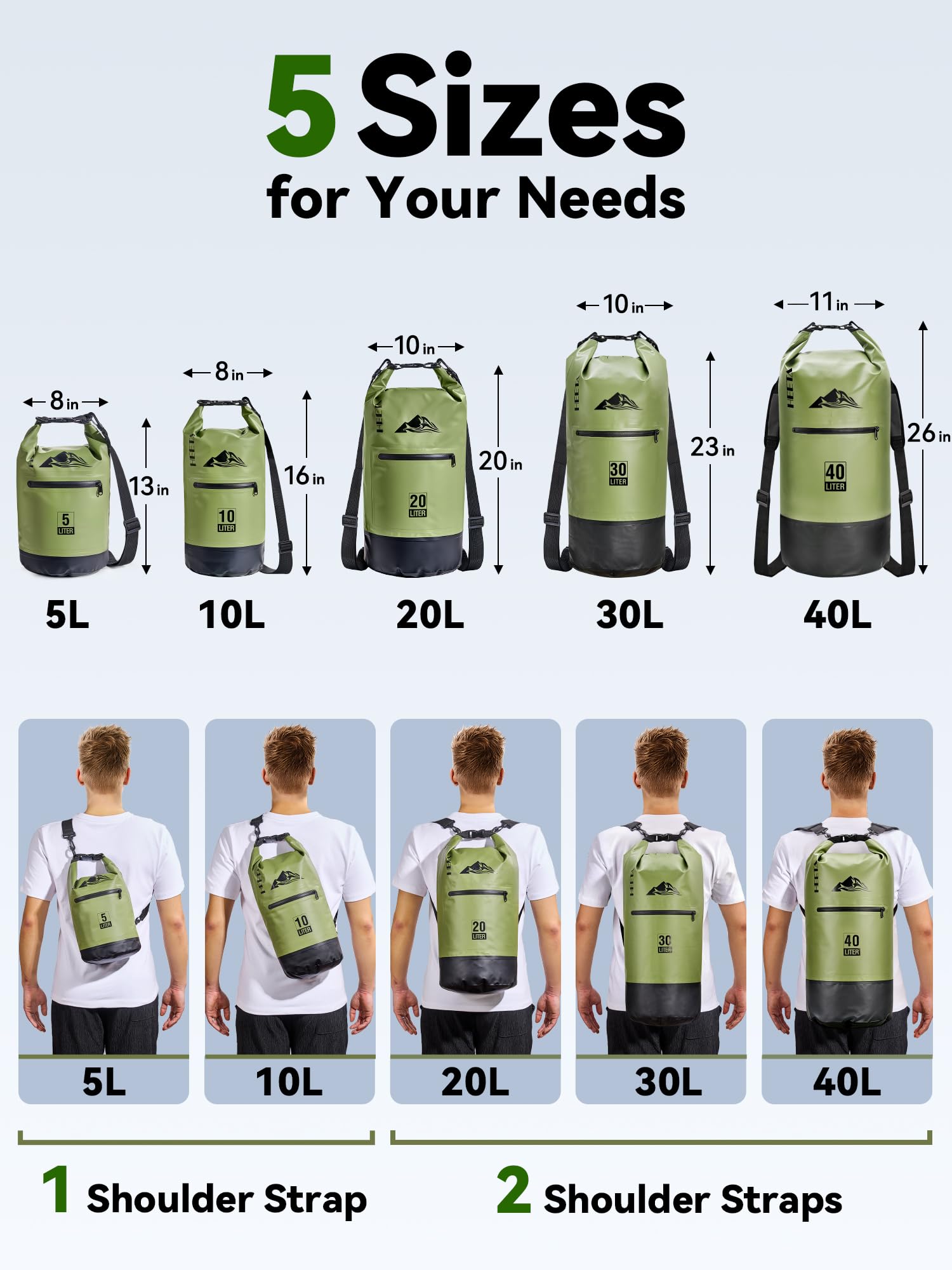 HEETA Waterproof Dry Bag Backpack with Zippered Pocket (Green, 10L)