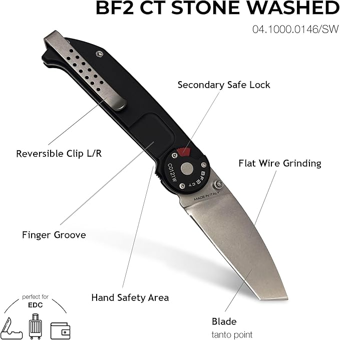 Extrema Ratio - BF2 CT (STONE WASHED), Folding Knife, Böhler N690 stainless steel blade hardened to 58 HRC, stone-washed finish, smooth anticorodal aluminum handle, dual guards, reversible clip