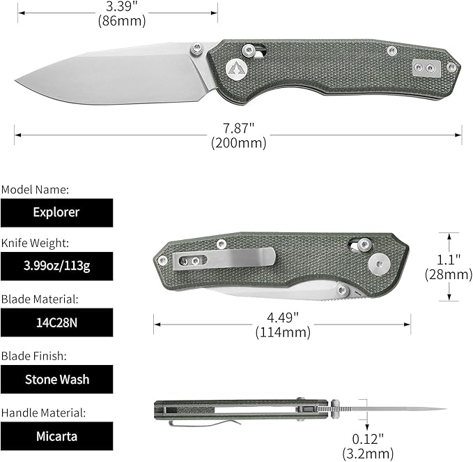 CMB Explorer Micarta Handle 14C28N Steel Blade Crossbar Lock Knife Pocket Folding Tactical Survival Camping Hiking Outdoors EDC Knife with Pocket Clip for Men Women CMB-18 (CMB-18A)