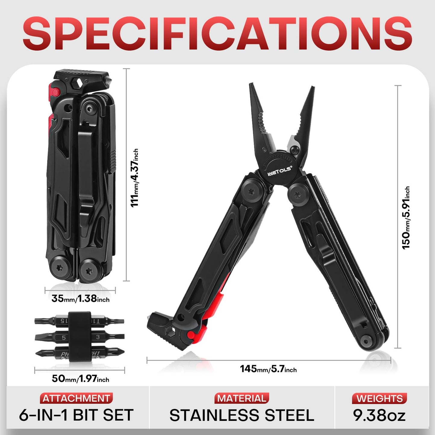 WETOLS Multitool with Pocket Knife, Stainless Steel Needle Nose Pliers